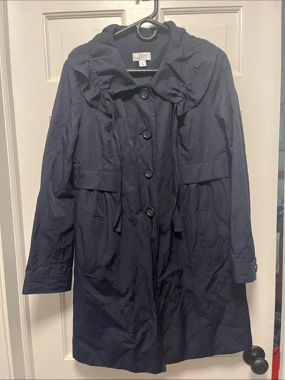 LOFT Navy Hooded Button-Front Trench Coat